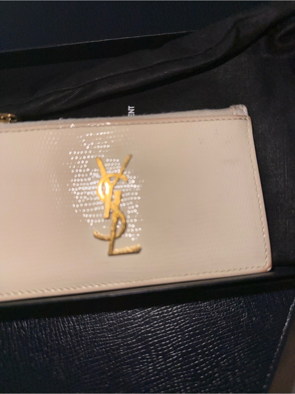 Saint Laurent Beige Patent Leather Wallet with Gold Logo